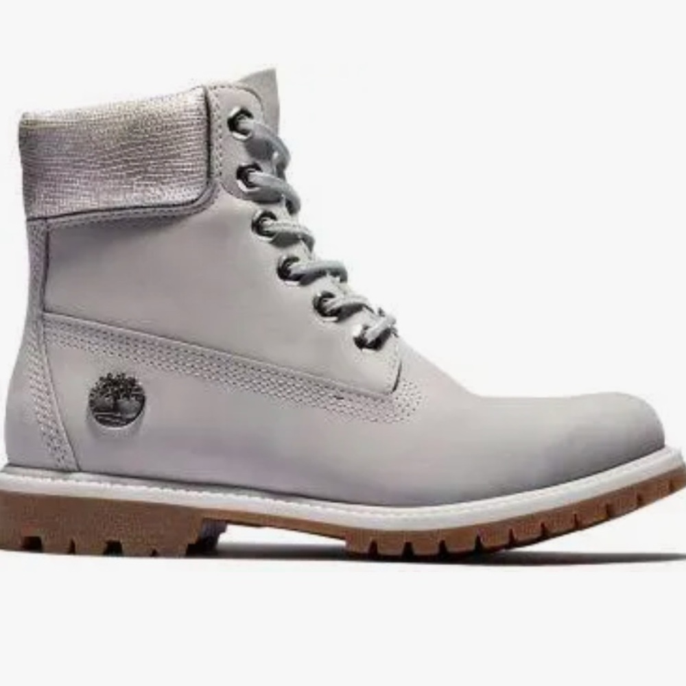 Light grey nubuck timberland women's boots.